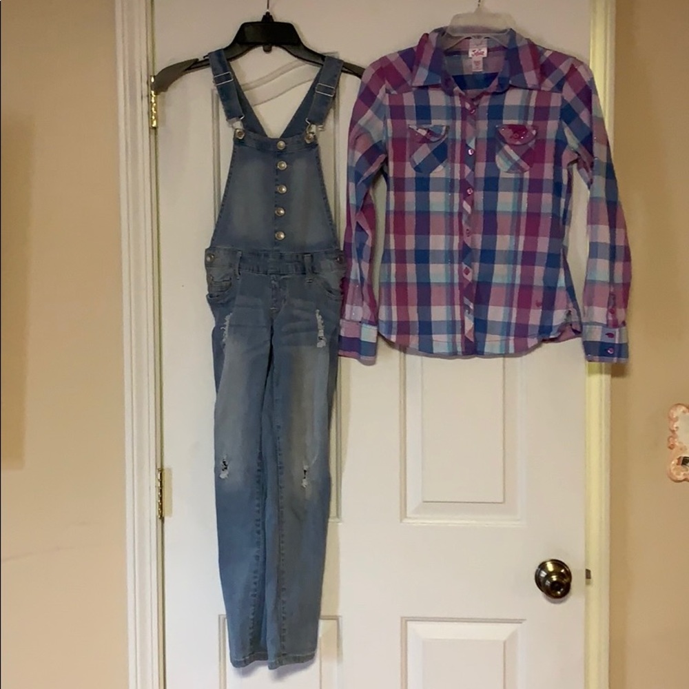 Cutest Justice brand overalls and plaid top